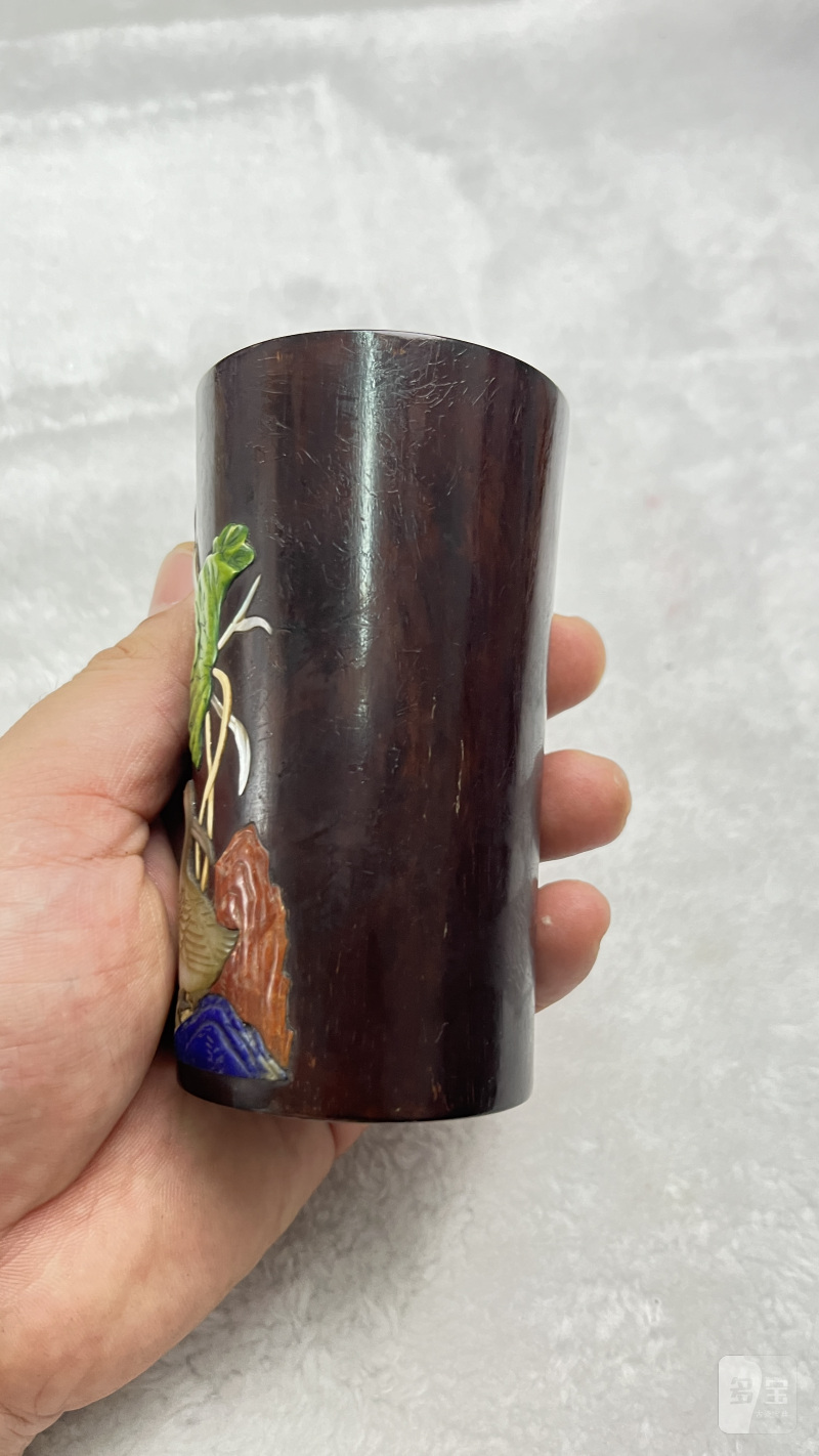 红木嵌百宝一路连科纹笔筒 - 图4